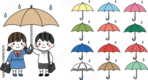 School Children Sharing Large Umbrella in Rain Together with Colorful Umbrella Icon Set for Rainy Season Education and Weather Related Graphic Designs