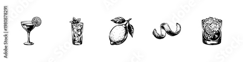 Classic Cocktail Bar Ingredients and Drinks with Inky Doodle and Hand-Drawn Sketchy Aesthetic