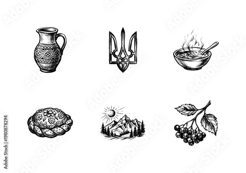 Ukraine Culture and Traditions Symbols with Inky Doodle and Hand-Drawn Sketchy Style