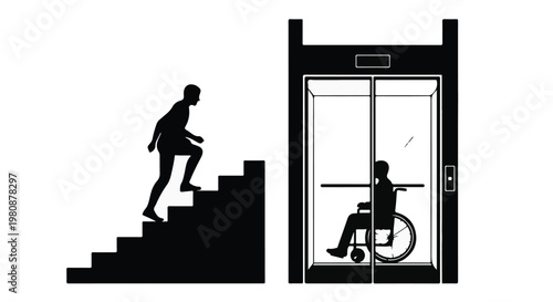 Accessible versus inaccessible stairs and elevator for people with disabilities, symbolizing equality and inclusion in modern architecture