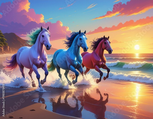 夕焼け美しい海岸を疾走する3頭の馬