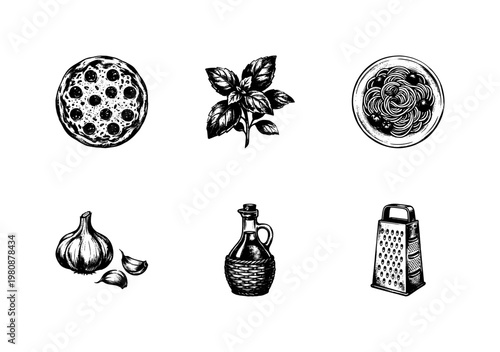 Italian Cuisine and Cooking Ingredients with Hand-Drawn Inky Brush Strokes and Organic Sketchy Textures