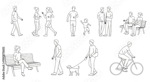 CAD drawings of people in various everyday activities and poses for architectural and design projects