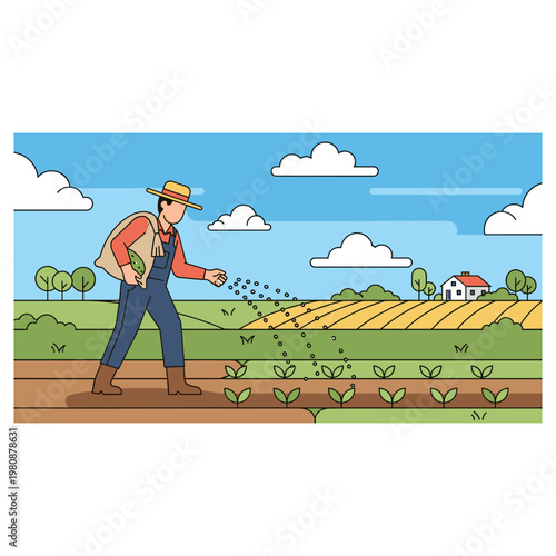 Farmer spraying pesticide on plants in a green field with farmhouse