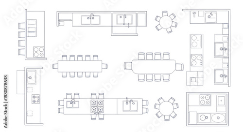 Top-down view of a CAD drawing featuring various kitchen layouts and dining area designs