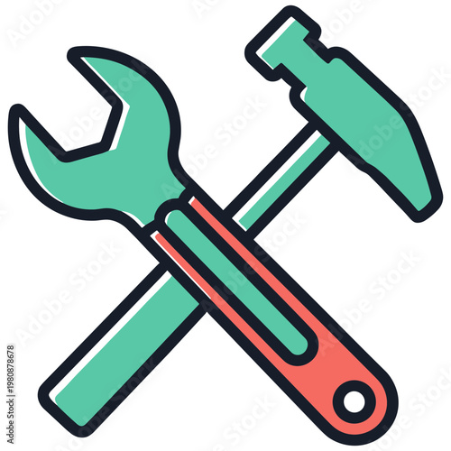 A crossed wrench and hammer lie on a surface.