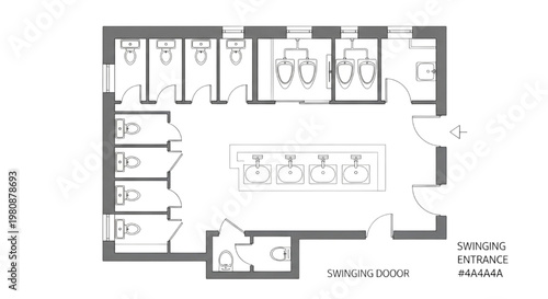 Detailed CAD Floor Plan Design of a Modern Public Restroom with Multiple Stalls and Sinks