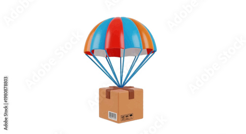 Vector illustration of 3d illustration of a cardboard delivery box suspended by a colorful parachute on a transparent background