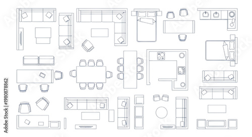 Top-Down CAD Drawings of Interior Design Furniture Layouts for Floor Plans