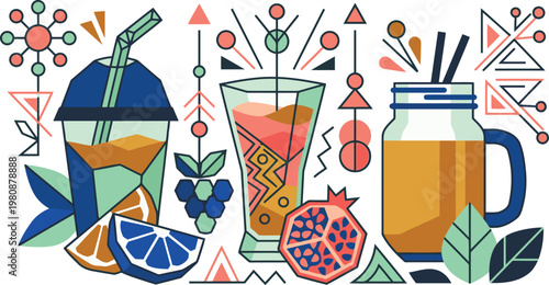 Colorful geometric illustration of fresh fruit beverages in various containers with abstract elements