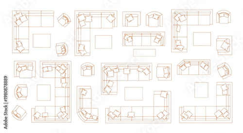 Top View CAD Floor Plan Design of Modern Living Room Furniture Layouts