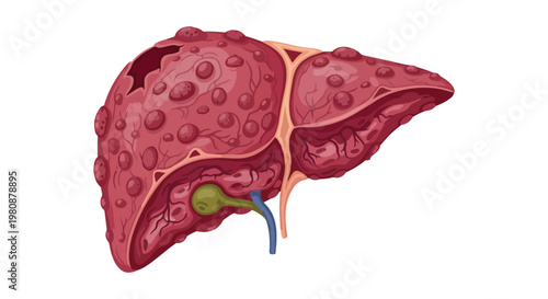 Illustration of a diseased human liver showing cirrhosis with nodules and damage to the organ