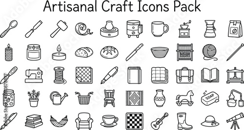 Detailed collection of monochrome line art icons representing various traditional artisanal crafts and creative handmade artistic hobby projects for designers