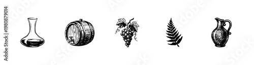 Vineyard and Winery Elements with Inky Brush Strokes and Hand-Drawn Sketchy Aesthetic for Viticulture Design