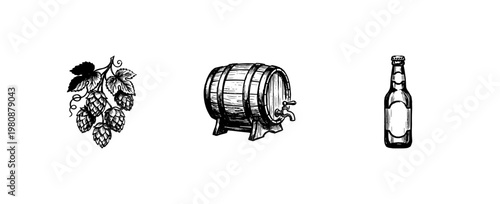 Craft Beer Brewery and Oktoberfest Elements with Hand-Drawn Inky Doodle and Detailed Engraving Aesthetic