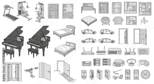 CAD Vector Icon Collection for Architectural Design & Interior Planning Diverse elements including furniture, technology, transport, and equipment for precise blueprints
