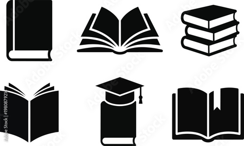 A set of black and white icons representing education and learning on transparent background