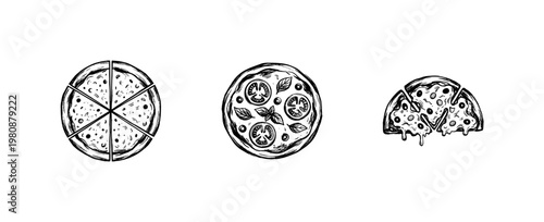 Italian Cuisine Pizza Slices and Whole Pies with Fluid Engraving Style in Hand-Drawn Sketchy Style
