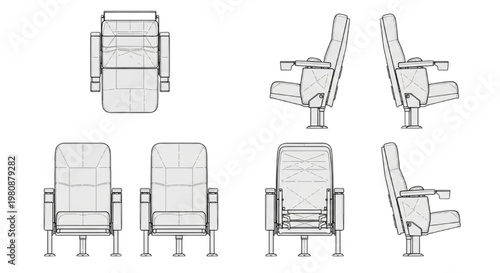 Comprehensive CAD Technical Drawing Illustrating Modern Auditorium Seat Design with Multiple Orthographic and Isometric Perspectives for Interior Layouts and Planning