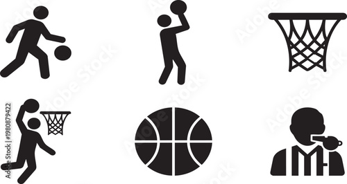 A silhouette of basketball players and equipment on transparent background