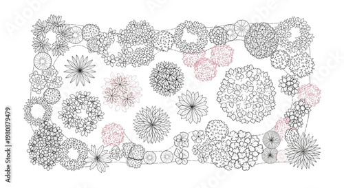 Detailed CAD blueprint illustrating an intricate landscape design with diverse plant and tree species, perfect for garden planning and urban green space projects, rendered with precision