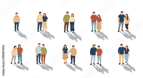 CAD-ready flat design vectors of diverse individuals and couples, ideal for architectural visualization and urban planning, showcasing community presence