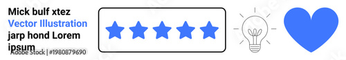 Feedback, rating, creativity, innovation, quality assurance, appreciation. Five-star rating bar next to a light bulb icon and a blue heart symbol. Feedback and quality assurance concept