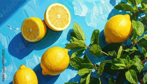 A vibrant still life showcases fresh lemons, halved citrus fruits, and sprigs of mint against a textured blue background, evoking a sense of summer and refreshment.