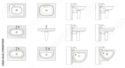 Collection of CAD drawings illustrating various bathroom sink designs from top and side views