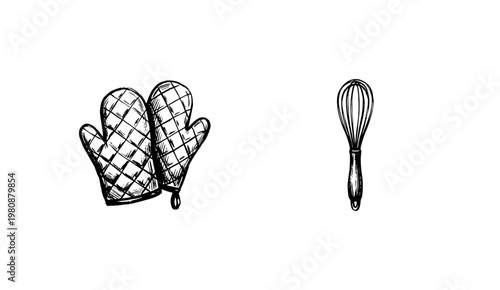 Kitchen Utensils and Cooking Equipment Culinary Tools with Hand-Drawn Engraving Style and Inky Doodles Style