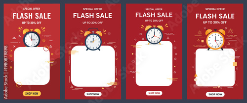 A promotional flash sale advertisement template with multiple sale banners and clocks on red backgrounds
