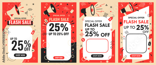 A promotional flash sale advertisement on mobile screens displays discounts up to twenty-five percent off in a colorful and festive environment with multiple phones showing various sale announcements.