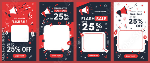 A collection of vibrant promotional banners displayed on a screen with discounts and megaphones announcing a flash sale with abstract designs.