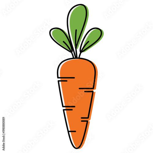 A vibrant orange carrot with green leaves stands alone on a white background.
