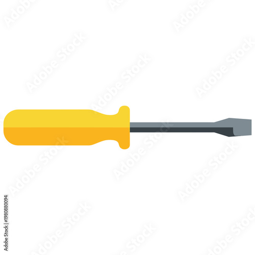A yellow handled flathead screwdriver is lying on a surface.