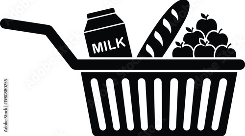 Black and white shopping basket icon with milk carton, bread loaf, and apples symbolizing groceries, retail, food, and consumer goods