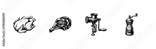 Farm Fresh Meat and Butchery Kitchen Tools with Hand-Drawn Inky Doodle and Sketchy Ink Texture