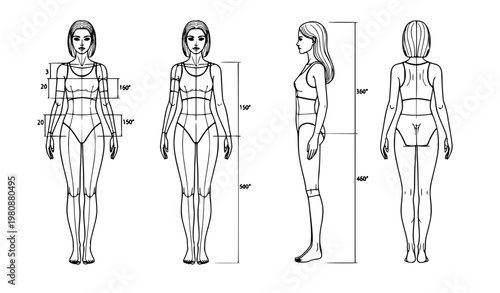 Woman fashion template technical drawing with front side and back views full body vector sketch