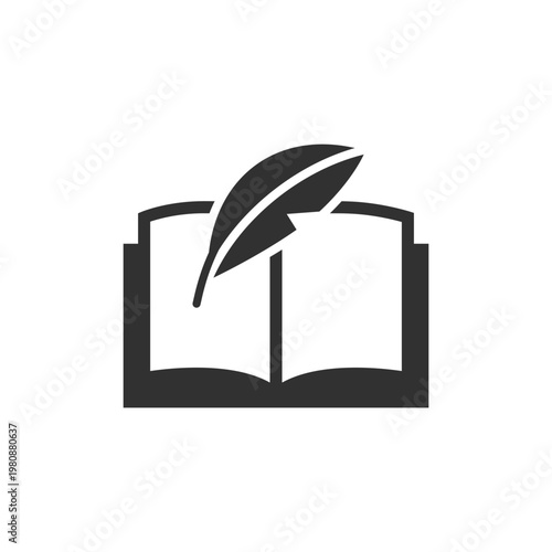 Feather pen and open book icon. Writing and literature concept. Monochrome black and white symbol
