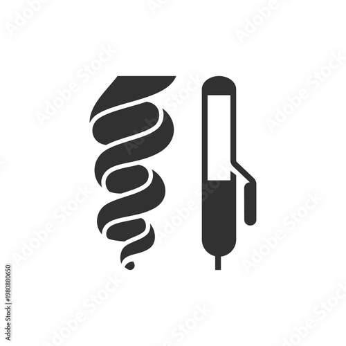 Hair strand with curling iron icon. Hair styling and curling process. Monochrome black and white symbol