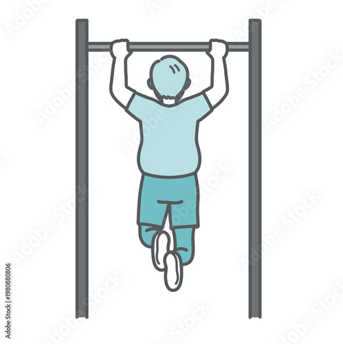 懸垂をするぽっちゃり体型のシニア男性の後ろ姿のイラスト