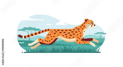Flat style illustration of cheetah running across savanna with dynamic motion and grassland background, symbolizing speed, power, and wild safari adventure