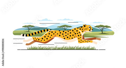Flat style illustration of cheetah running across savanna with dynamic motion and grassland background, symbolizing speed, power, and wild safari adventure