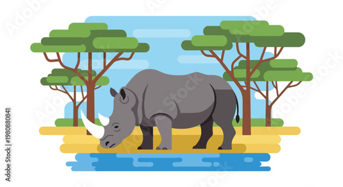 Flat style illustration of rhino standing near watering hole with trees and sky, representing endangered wildlife, nature, and safari conservation awareness