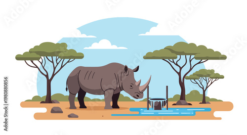 Flat style illustration of rhino standing near watering hole with trees and sky, representing endangered wildlife, nature, and safari conservation awareness