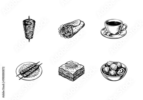 Middle Eastern Cuisine and Turkish Food Specialties with Inky Hand-Drawn Brush Strokes and Traditional Sketchy Aesthetic