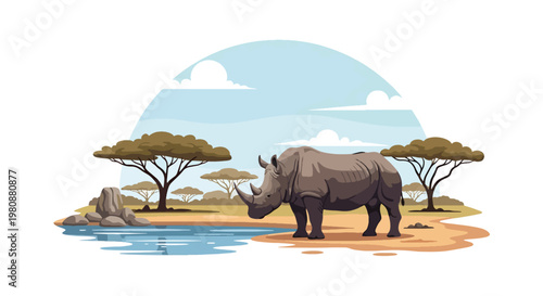 Flat style illustration of rhino standing near watering hole with trees and sky, representing endangered wildlife, nature, and safari conservation awareness
