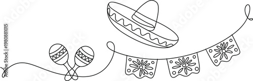 Continuous single line drawing of Cinco de Mayo celebration elements festive culture concept minimalist vector illustration