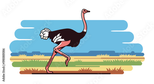 Flat style illustration of ostrich running in open savanna with grass and horizon, representing speed, wildlife diversity, and natural safari environment