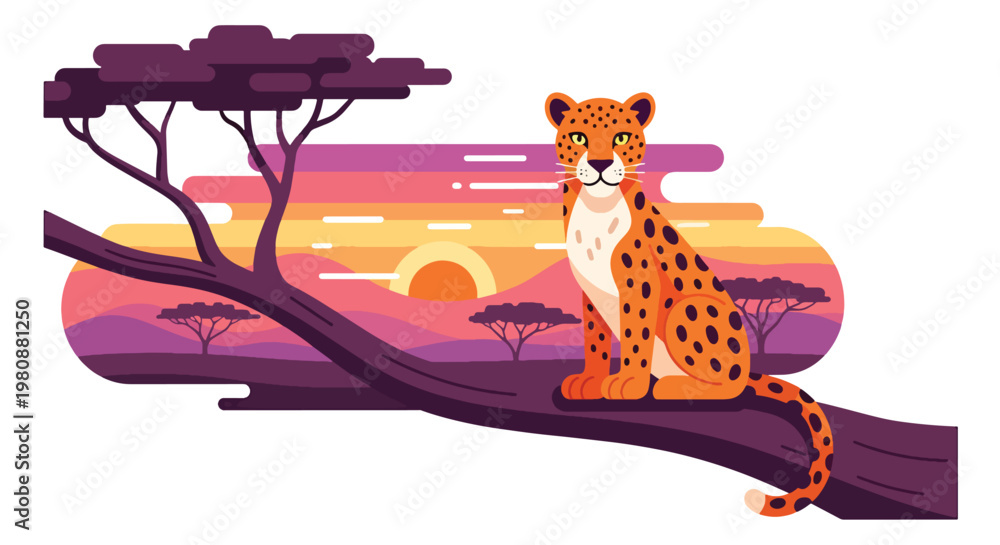Obraz premium Flat style illustration of leopard sitting on tree branch in savanna with sunset sky, representing predator behavior, wildlife beauty, and safari nature scene